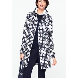 TALBOTS PET NAVY BLUE WHITE GEOMETRICAL SQUARE ART RAIN JACKET COAT TOP 8P $139